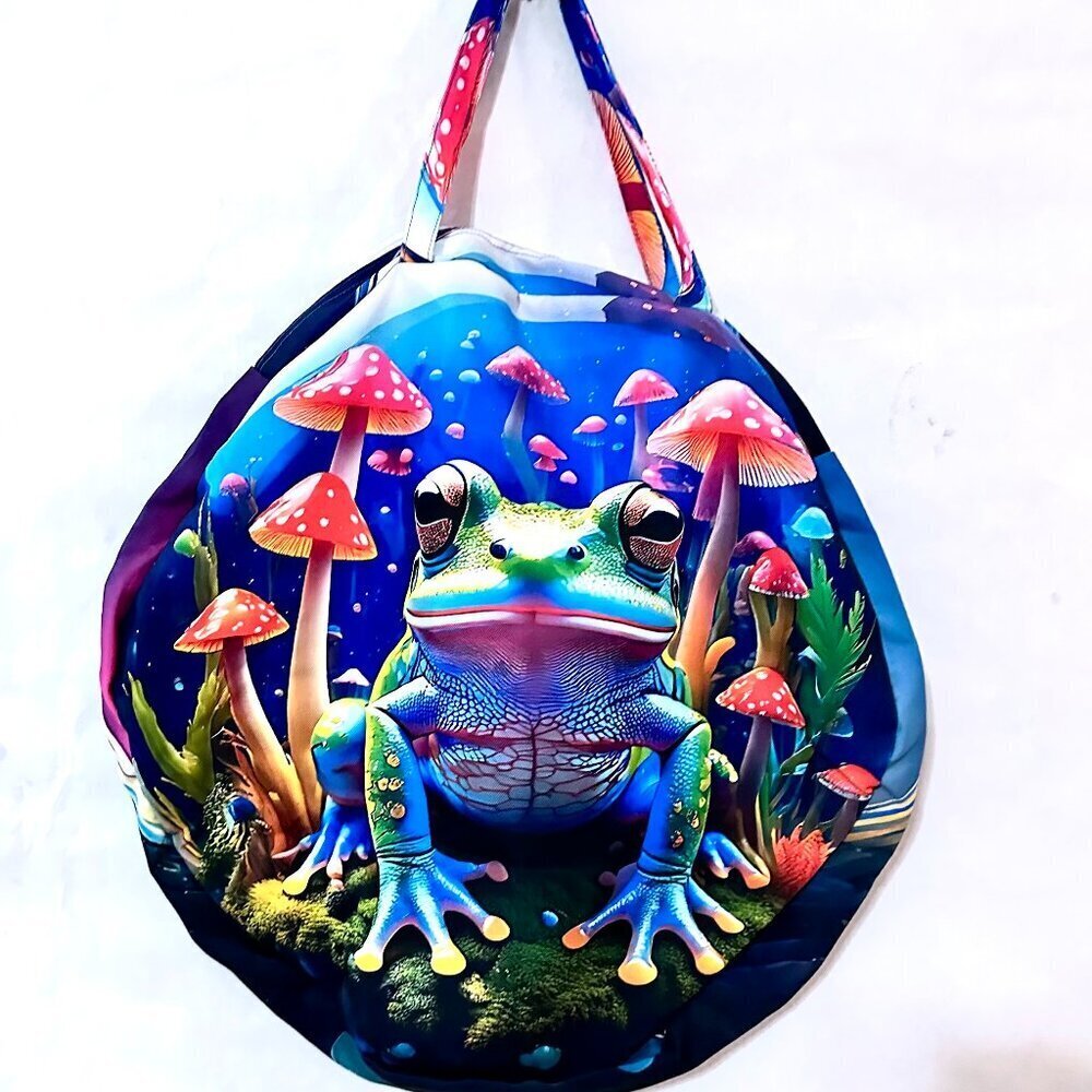 Psychedelic Mushroom Frog Gigantic Round Tote Huge Canvas Circle Bag 3D Festival - Picture 2 of 11